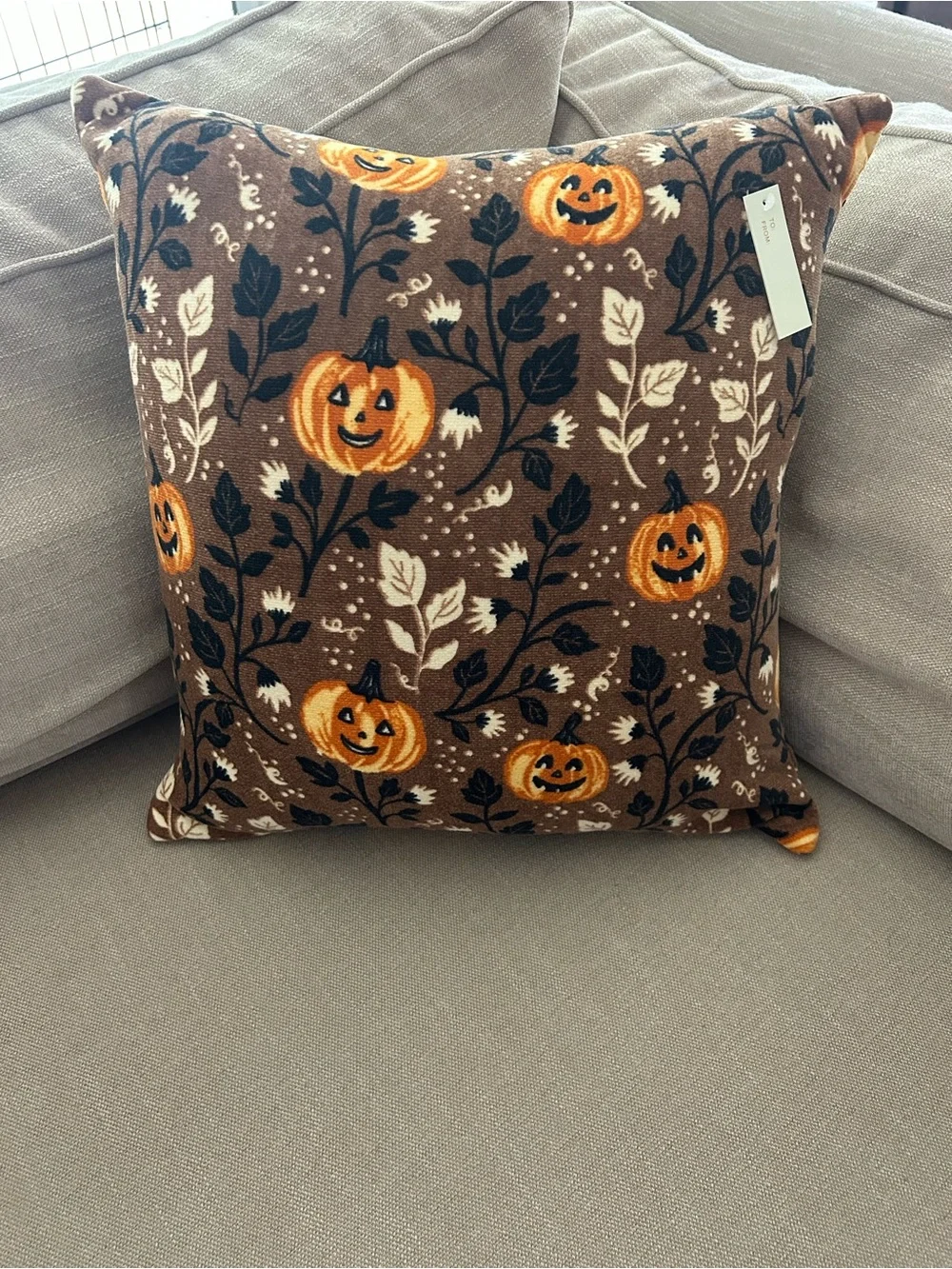 “New” Magaschoni Brown Fall Pillow with Orange Jack-O'-Lanterns
